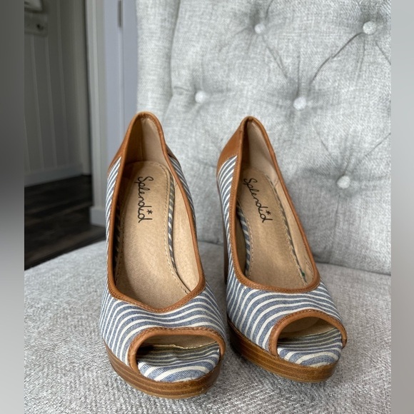 Splendid Striped Blue Wedge Sandals Womens Size 8 Leather Nautical - Picture 2 of 4